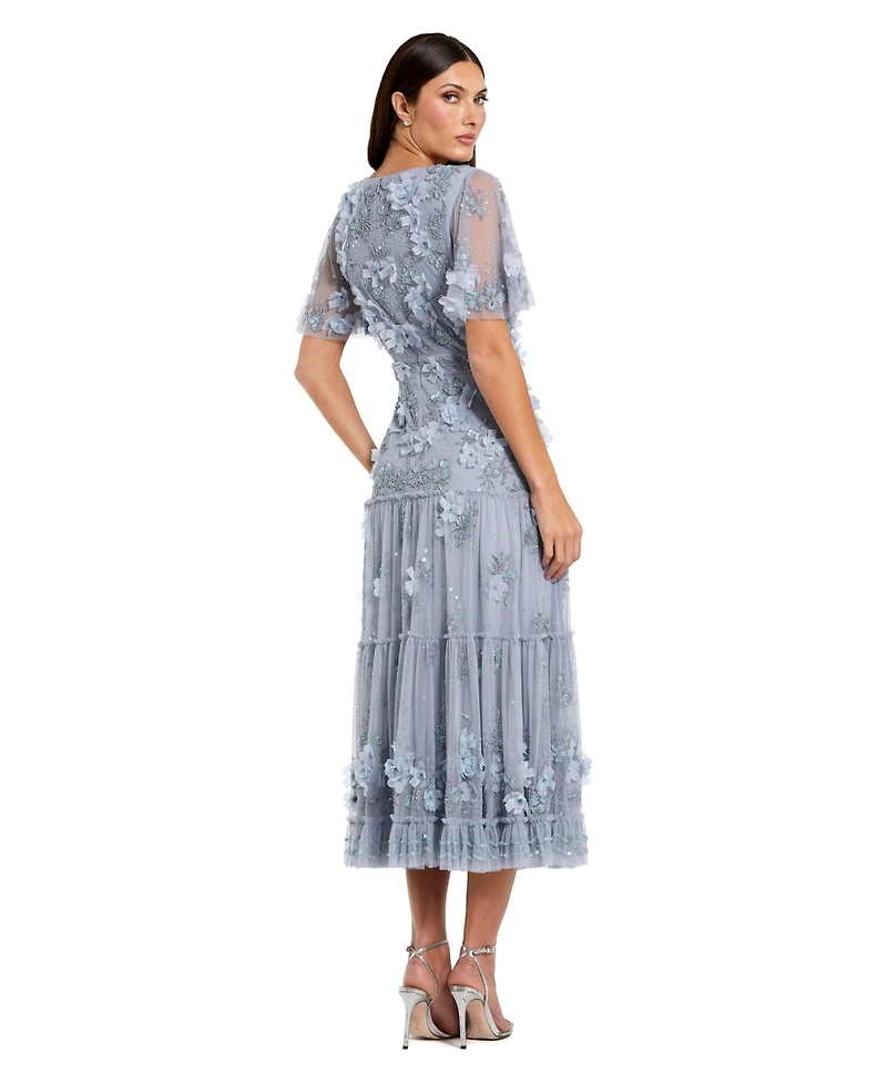 Mac Duggal Women's Floral Applique Embellished Flutter Sleeve Midi Dress