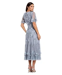 Mac Duggal Women's Floral Applique Embellished Flutter Sleeve Midi Dress