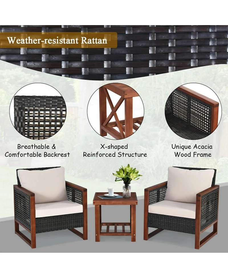 Clihome 3 Pieces Acacia Wood Patio Furniture Set with Coffee Table and Cushions