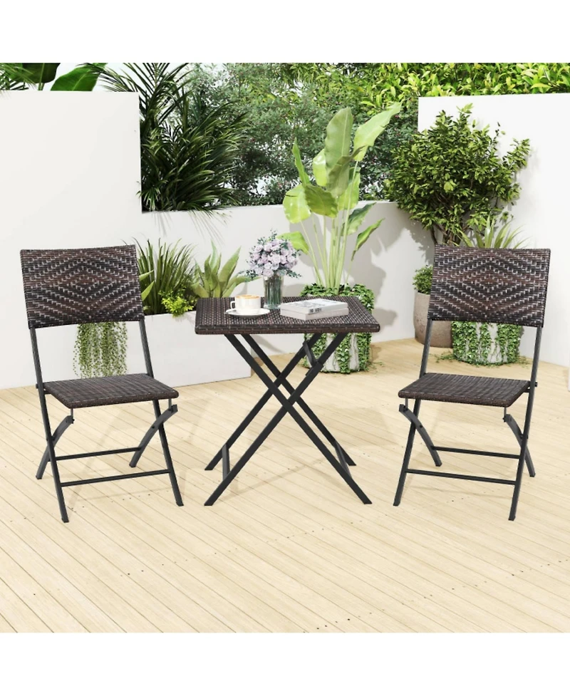 Clihome 3 Piece Rattan Bistro Set Outdoor Folding Dining Table and Chairs with Wicker Seat