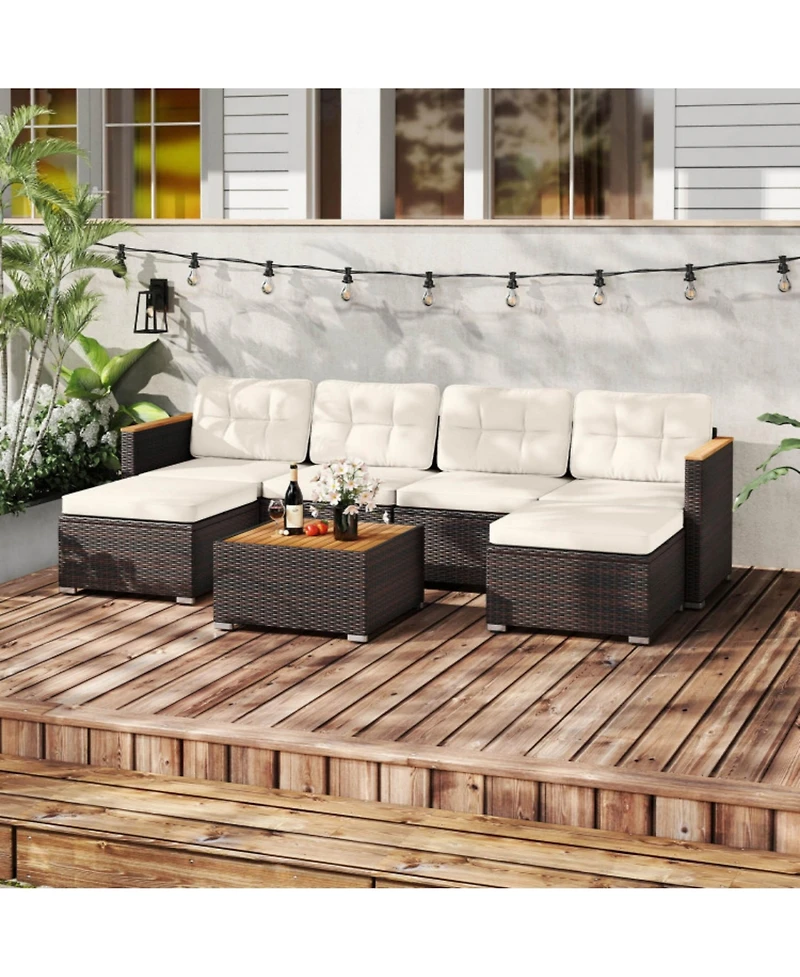 Clihome 7 Pieces Wicker Conversation Set with Wood Armrests for Backyard
