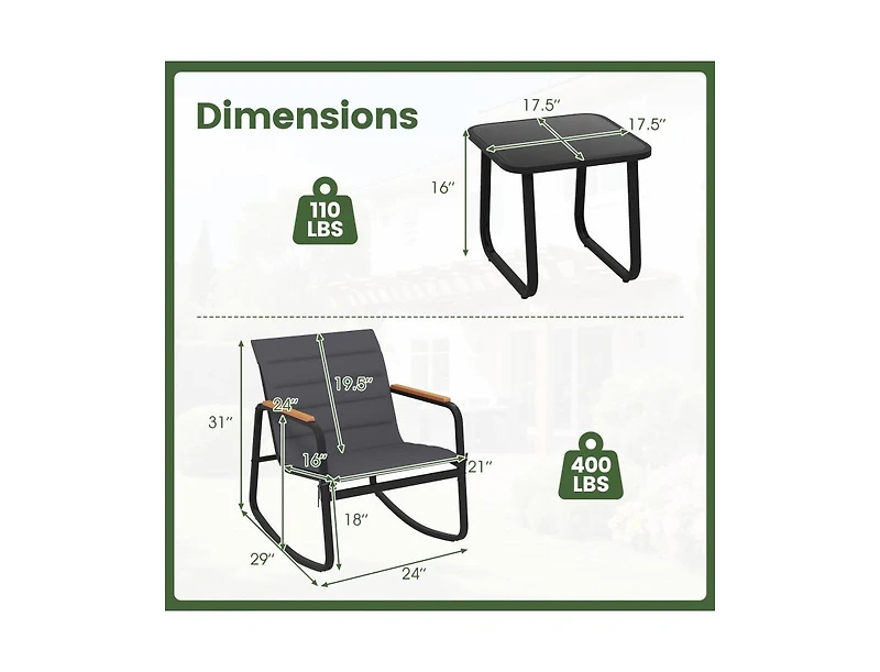 Boyel Living 3 Piece Outdoor Rocking Bistro Set Porch Rocker Chairs