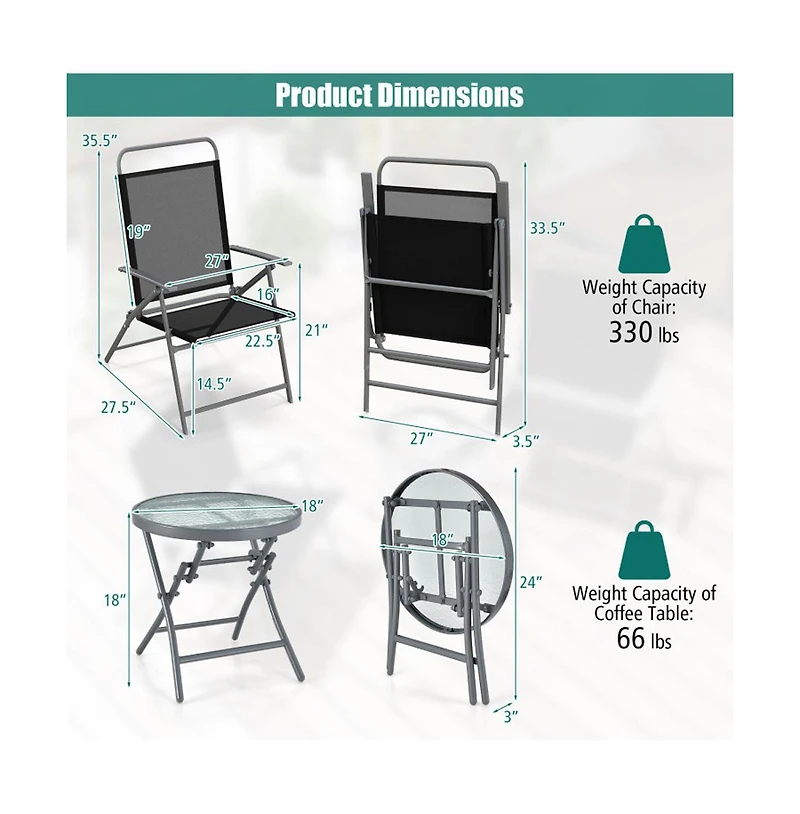 Boyel Living 3 Pieces Patio Folding Chair Set Outdoor Metal Conversation Set