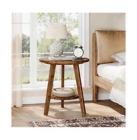 Slickblue Rustic Solid Wood End Table with Round Top and Storage Shelf