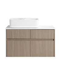 Sillysis Inch Wall Mounted Bathroom Vanity with Ceramic Sink, Storage Drawers and Wood Grain Finish for Modern Bathrooms