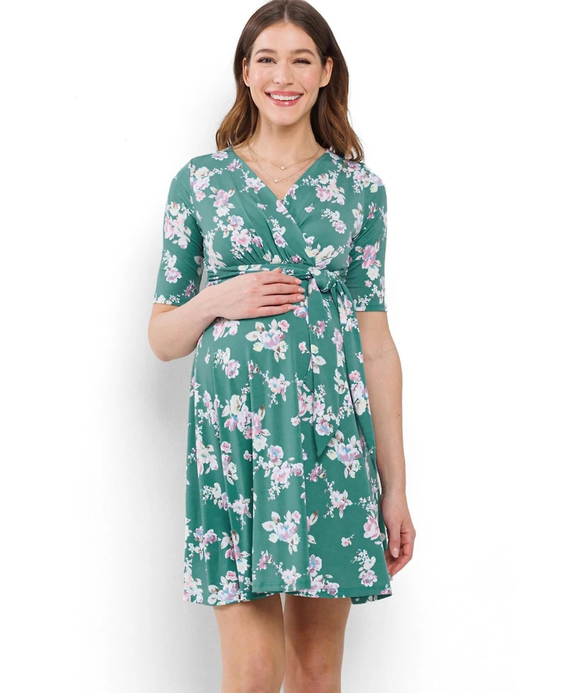 Hello Miz Maternity Floral V Neck Wrap Nursing Dress with Tie Waist