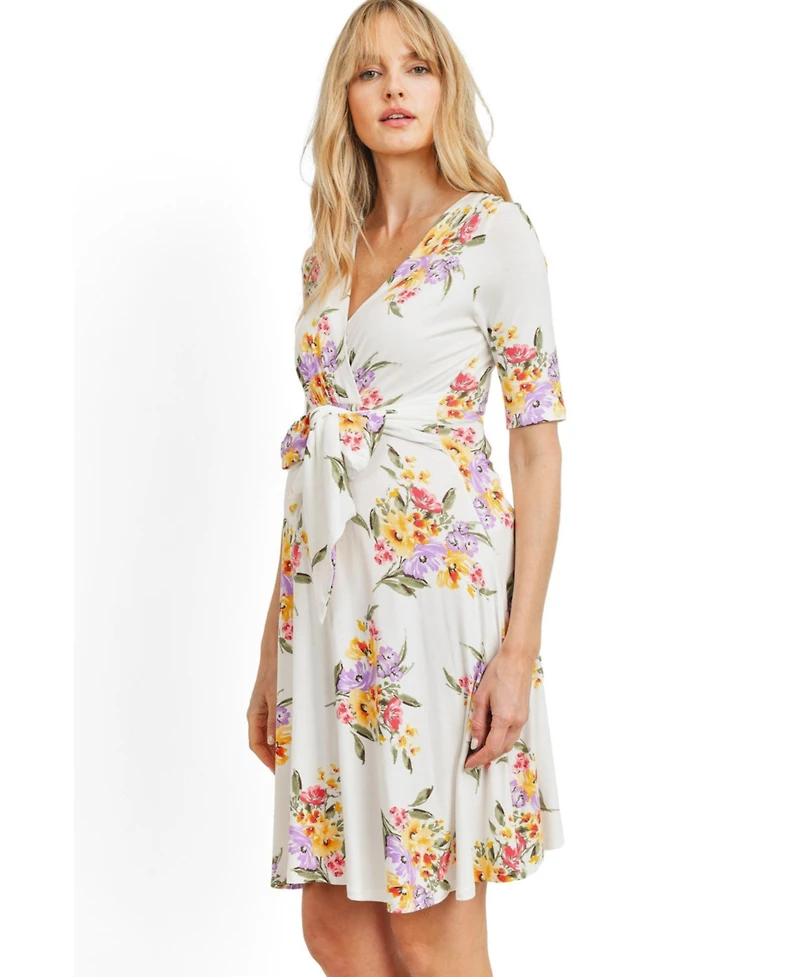 Hello Miz Maternity Floral Short Sleeve Wrap Nursing Dress with Tie Waist