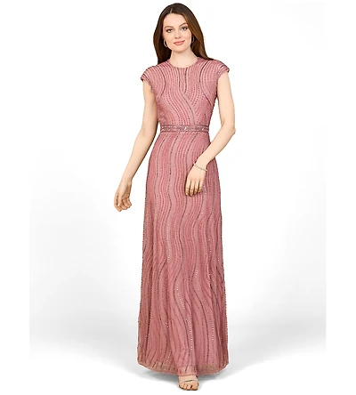 Lara Women's Cap Sleeve, Illusion Neck Beaded Gown