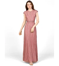 Lara Women's Cap Sleeve, Illusion Neck Beaded Gown