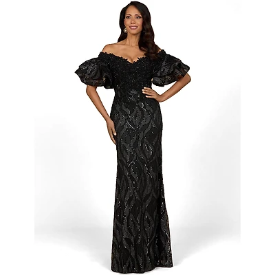 Lara Women's Illusion Neck, Long Bell Sleeve Gown