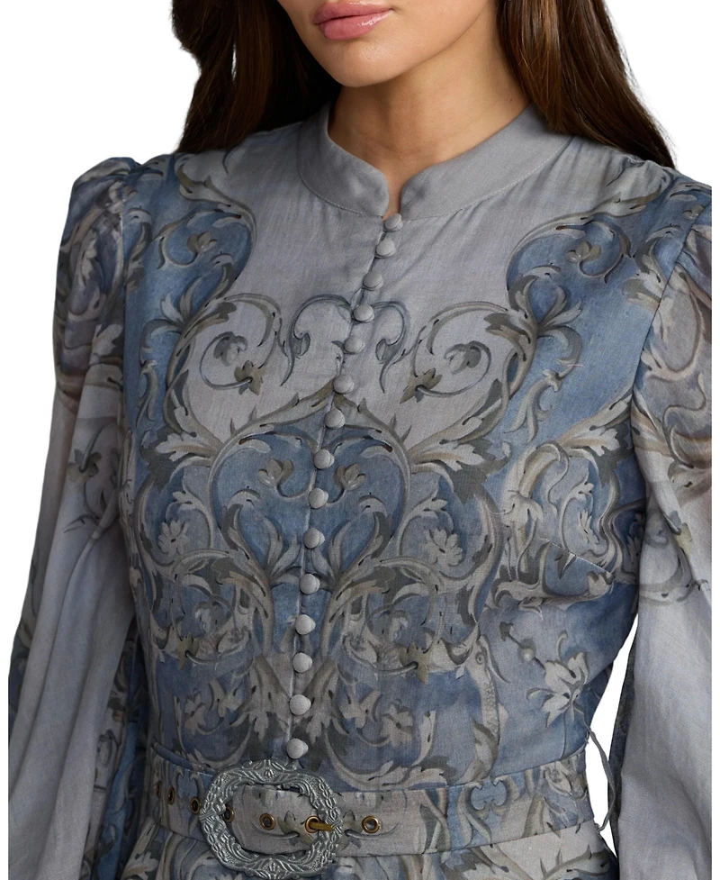 Mac Duggal Petite Baroque Print Bishop Sleeve A-Line Ankle Dress