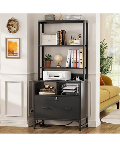 Aheaplus Storage File Cabinet with Hutch, Charging Station, Lock Drawers