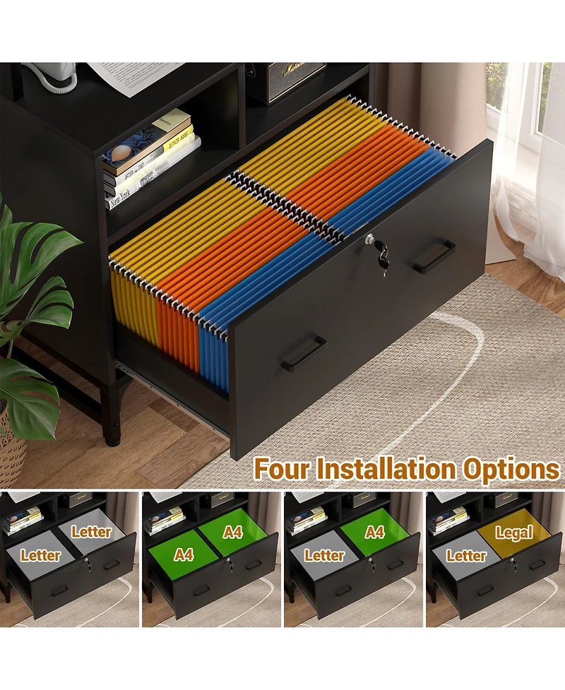 Aheaplus Storage File Cabinet with Hutch, Charging Station, Lock Drawers