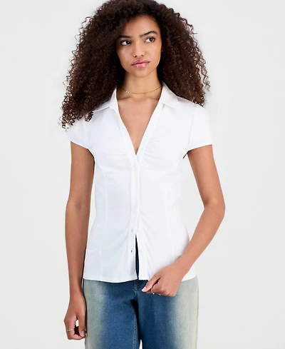Madden Girl Juniors' Ruched Cap-Sleeve Button-Front Shirt