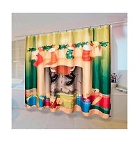 Carnation Home Fashions Festive Fireplace Christmas Fabric Shower Curtain