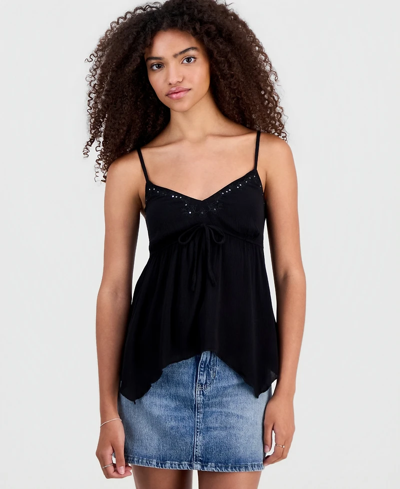 Madden Girl Juniors' Embroidered Handkerchief-Hem Sleeveless Top