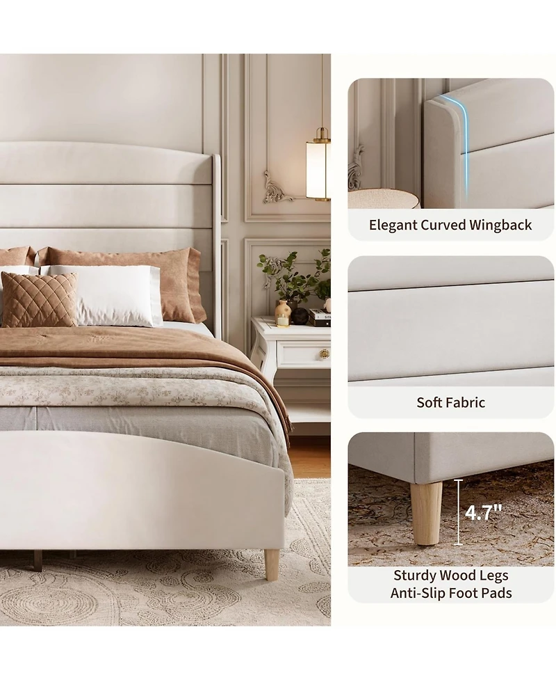 gaomon Modern Queen Size Upholstered Platform Bed Frame with Tall Wingback Headboard