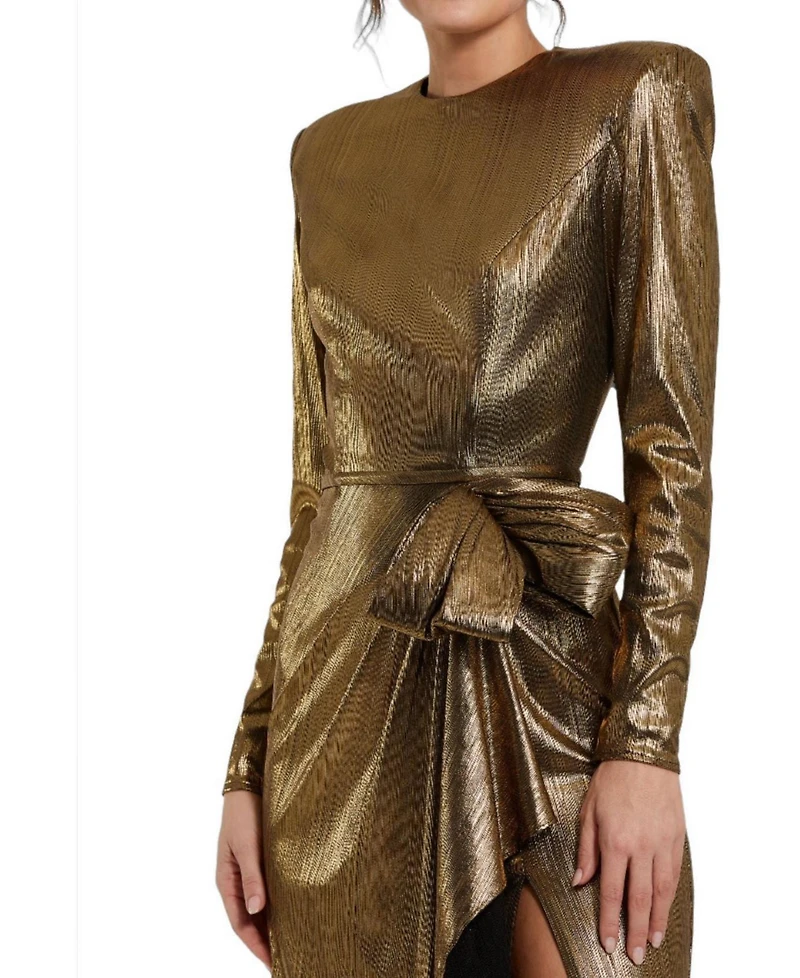 Mac Duggal Petite Women's Metallic Long Sleeve Gown With Bow