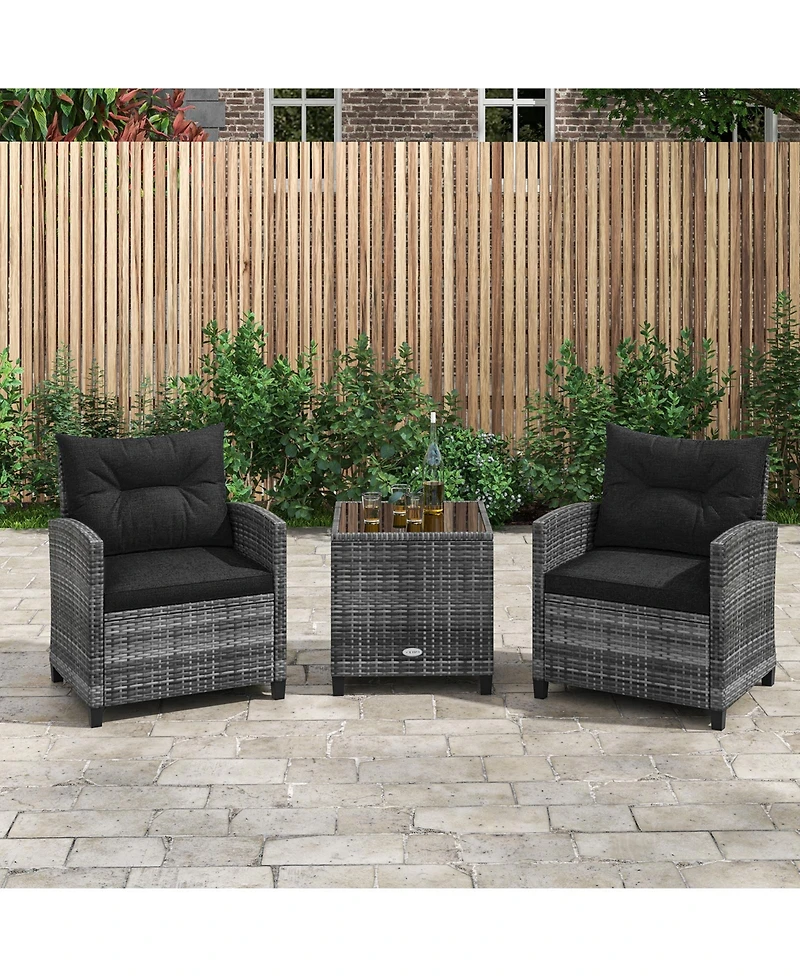 Gymax 3 Pcs Patio Furniture Set Outdoor Pe Rattan Chair and Table Set w/ Tempered Glass