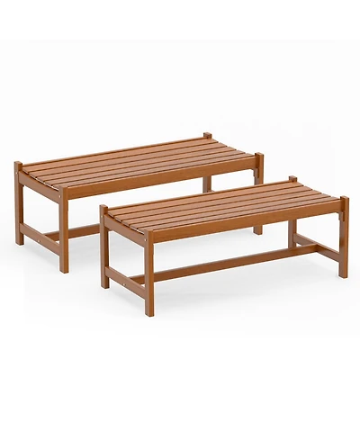 Gymax 44'' Patio Wood Bench Set of 2 w/Teak Oil Finish and Curved Seat for Porch Garden