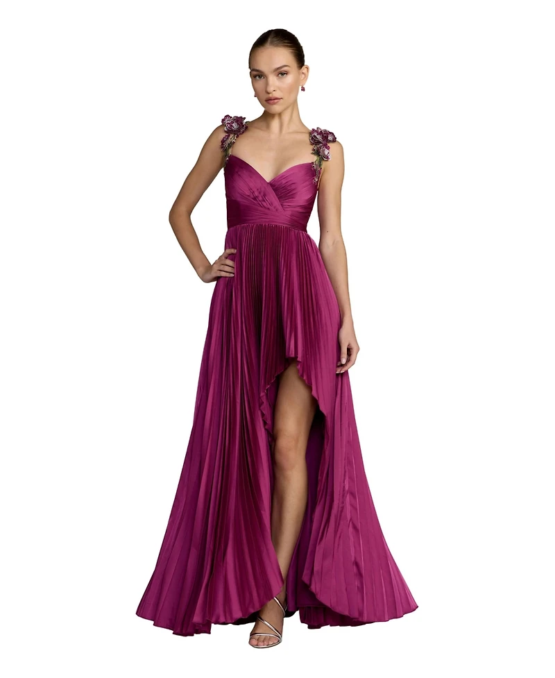 Mac Duggal Women's Pleated High-Low Gown with Floral Straps
