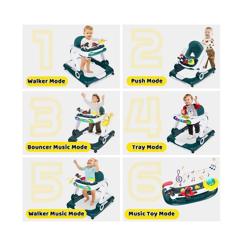 Kinder King 5-in-1 Baby Activity Walker with Music and Lights, Adjustable Height Safety Bumper