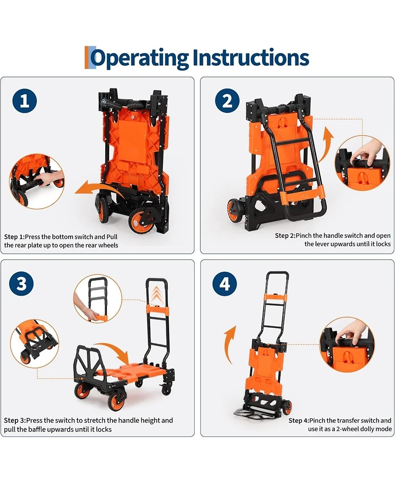 gaomon Folding Hand Truck with 330 Lb Capacity - 2-in-1 Dolly and Flatbed Cart Retractable Handle Rubber Wheels and Foldable Basket