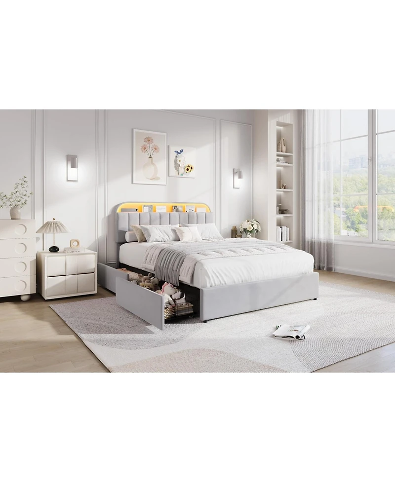 gaomon Bed Frame with Storage Headboard, Kids 2 Drawers, Velvet Upholstered Platform Lights, No Box Spring Needed