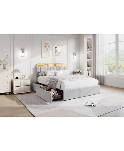 gaomon Bed Frame with Storage Headboard, Kids 2 Drawers, Velvet Upholstered Platform Lights, No Box Spring Needed