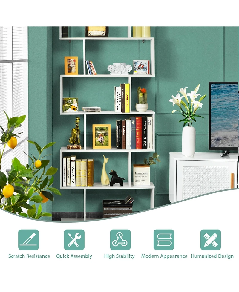 Gymax 6 Tier S-Shaped Bookshelf Storage Display Bookcase Decor Z-Shelf Coffee