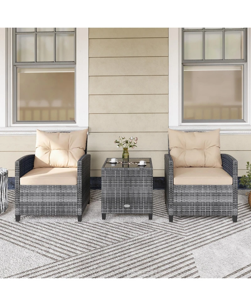 Gymax 3 Pcs Patio Furniture Set Outdoor Pe Rattan Chair and Table Set w/ Tempered Glass