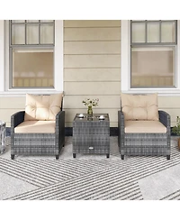 Gymax 3 Pcs Patio Furniture Set Outdoor Pe Rattan Chair and Table Set w/ Tempered Glass
