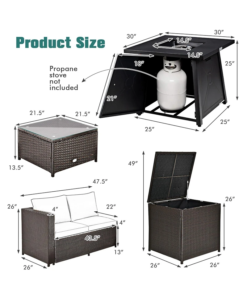 Gymax 5PCS Outdoor Patio Furniture Set w/ 50000 Btu Propane Fire Pit Table Cushions