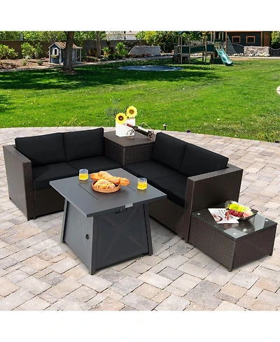 Gymax 5PCS Outdoor Patio Furniture Set w/ 50000 Btu Propane Fire Pit Table Cushions