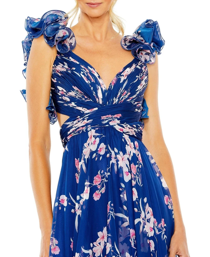 Mac Duggal Women's High Neck Blouson Sleeve Sequin Gown