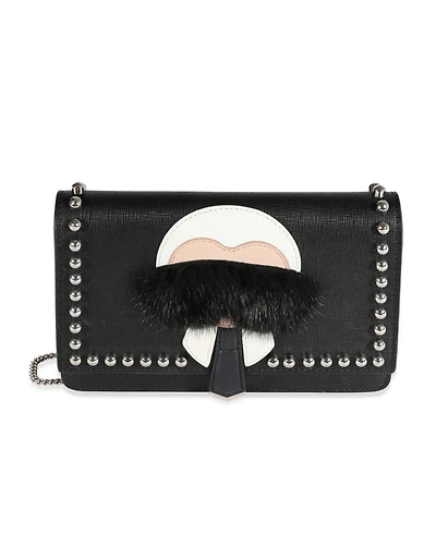 Pre-Owned Fendi Black Vitello Elite and Mink Studded Karlito Chain Wallet