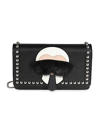 Pre-Owned Fendi Black Vitello Elite and Mink Studded Karlito Chain Wallet