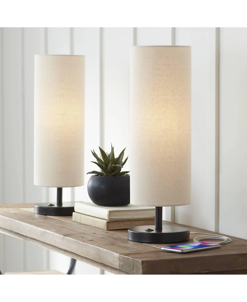 360 Lighting Heyburn Modern Accent Table Lamps 20" High Set of 2 with Usb and Ac Power Outlet in Base Oatmeal Cylinder Shade for Bedroom Desk