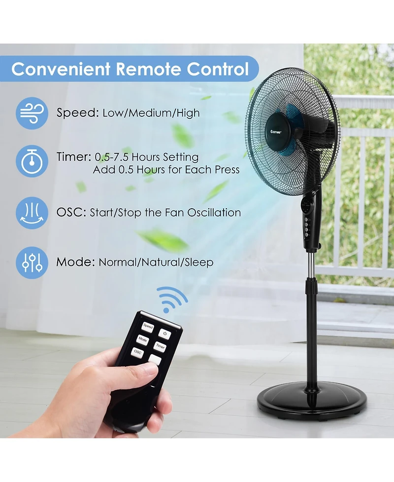 Costway 16'' Adjustable Oscillating Pedestal Fan Dual Blades w/Remote Control