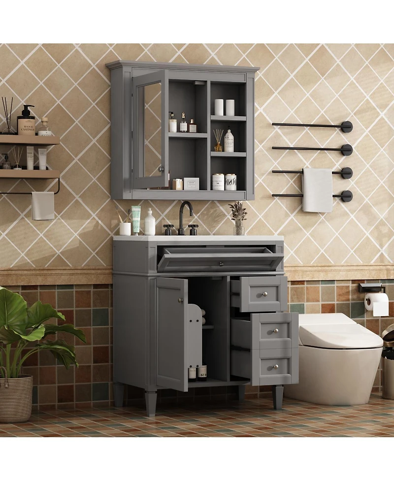 Sillysis 30 Inch Modern Bathroom Vanity with Mirror Cabinet, Solid Wood and Mdf, Ceramic Sink