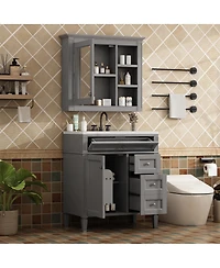 Sillysis 30 Inch Modern Bathroom Vanity with Mirror Cabinet, Solid Wood and Mdf, Ceramic Sink