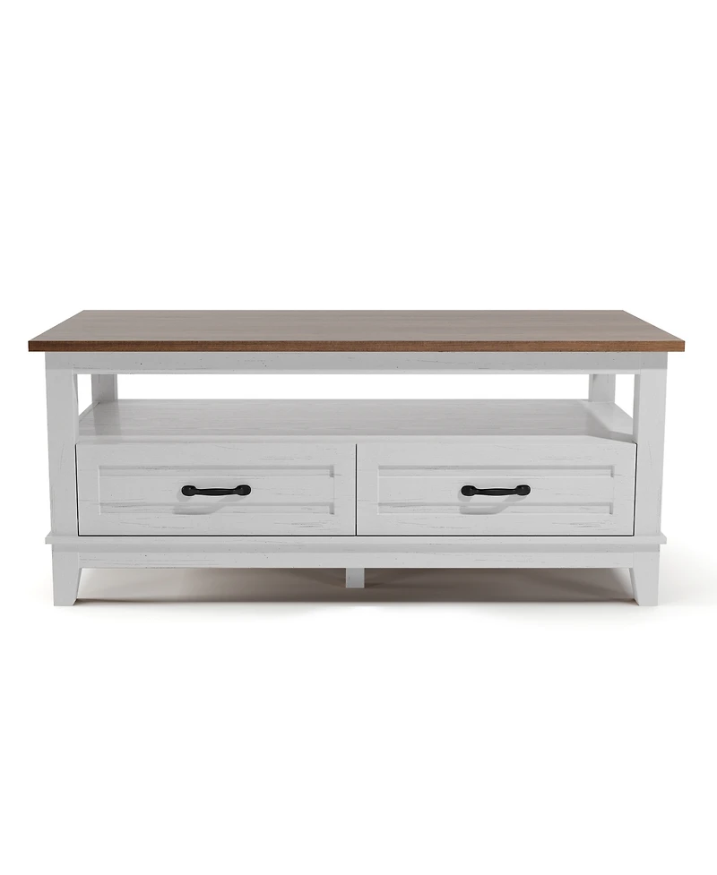 homfan Farmhouse Coffee Table With Drawers, 47.2" Center Table Rustic Coffee Tables Living Room Table, With Open Shelf and 6 Support Legs