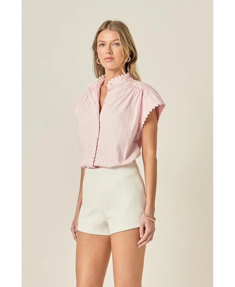 English Factory Women's Striped Ric Rac Detailed Short Sleeve Shirt