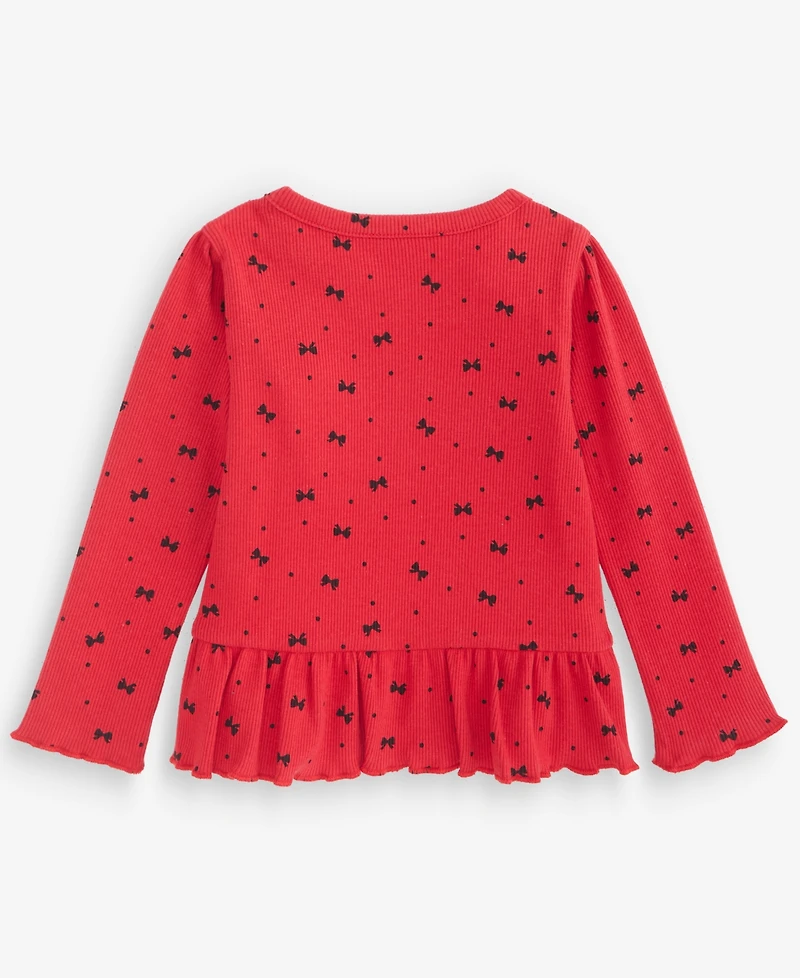 First Impressions Baby Girls' 3M-24M Mix & Match Long-Sleeve Bow-Print Peplum Ribbed Top, Macy's Exclusive