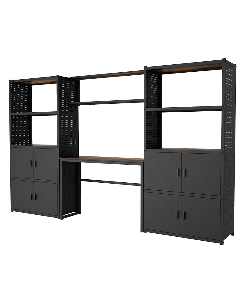 Heavy-Duty Garage Storage and Workstation System w/ Cabinets and Side Pegboards