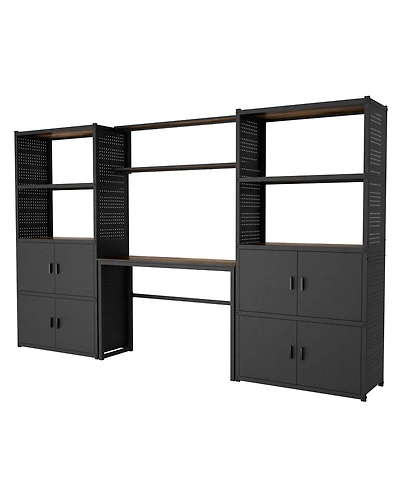 Heavy-Duty Garage Storage and Workstation System w/ Cabinets and Side Pegboards