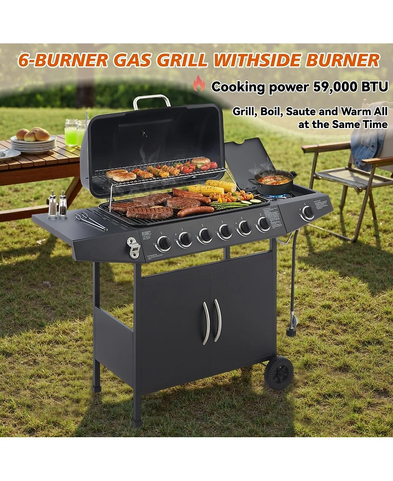 Asagikoiai Outdoor 6 Burner Stainless Steel Barbecue Grill with Warming Rack, Side Burner and Wheels