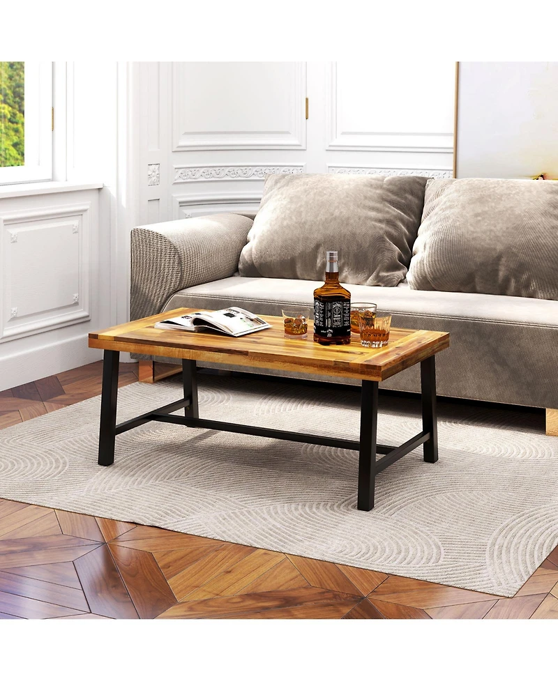Gymax Acacia Wood Coffee Table Indoor Outdoor Rectangle Center Table with Thickened Top