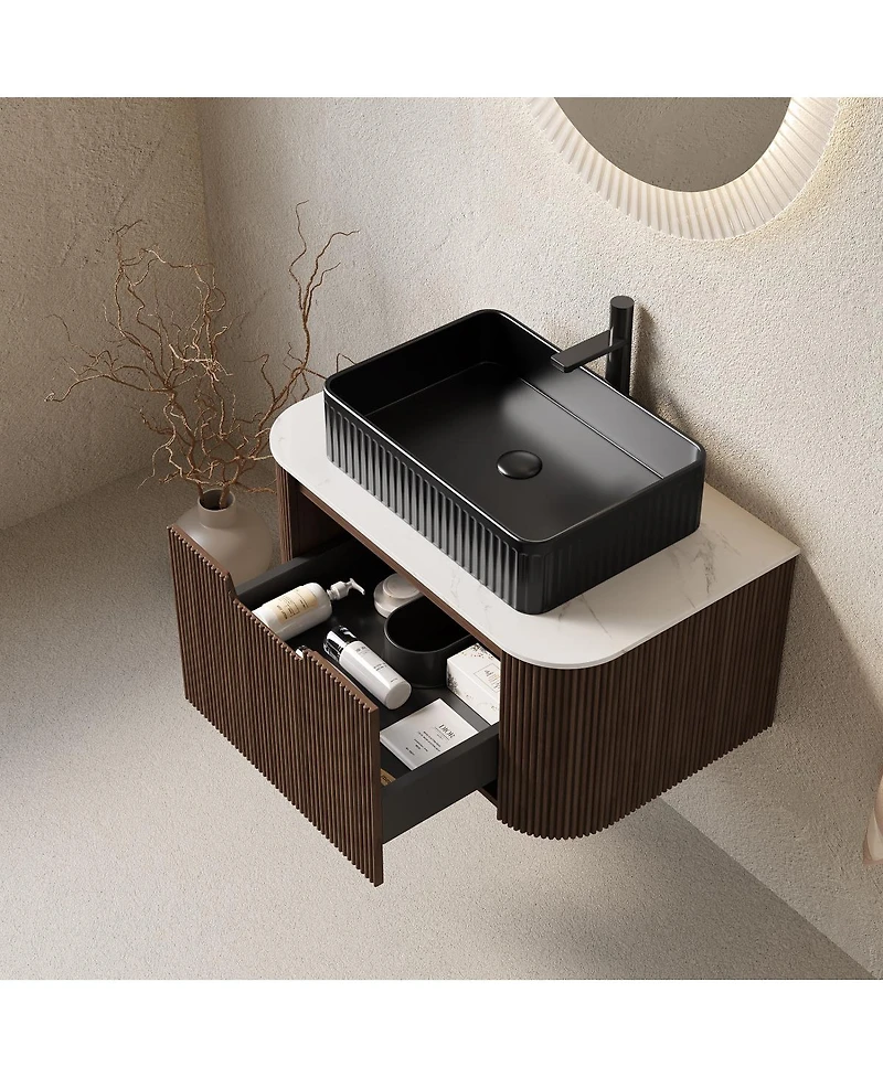 Sillysis Wall Mounted Bathroom Vanity with Ceramic Sink,Plywood Cabinet, Soft Close Drawer