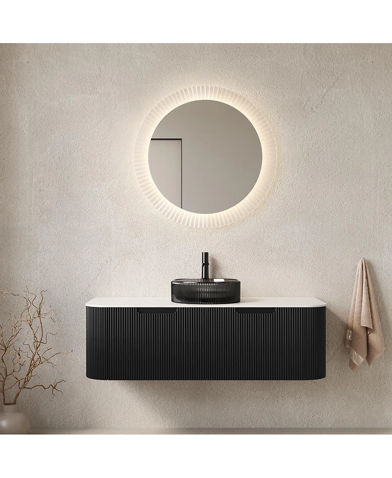 Sillysis Wall Mounted Bathroom Vanity with Glass Vessel Sink, 3D Stripe Plywood Cabinet, Soft Close Drawer, Pre-assembled